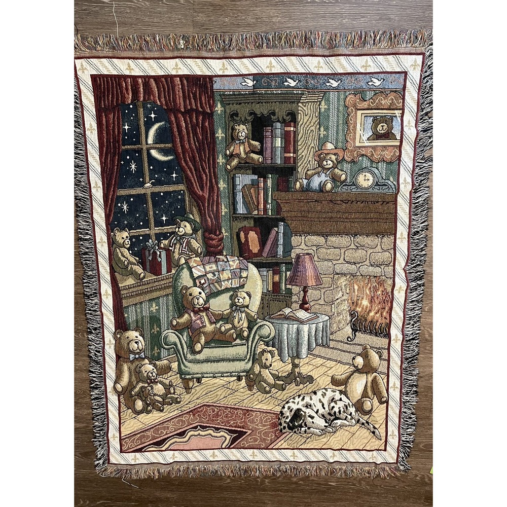 The Bears Den Tapestry Throw Blanket Cozy Books Fireplace Dog Moonlight